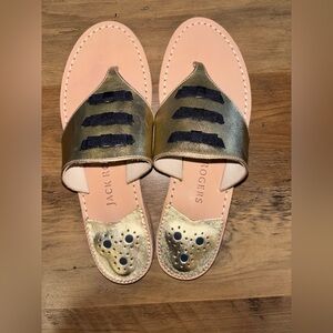 NEW Jack Rogers metallic gold leather sandals with black ribbon bows Ships Fast